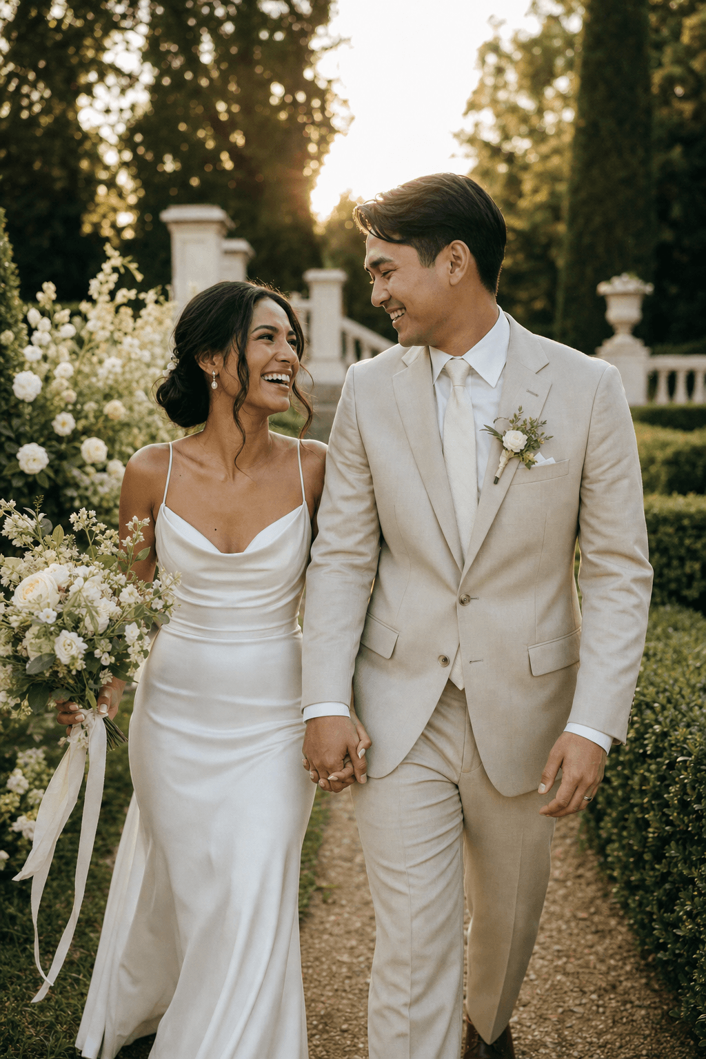 A newlywed couple walking through a garden after their ceremony