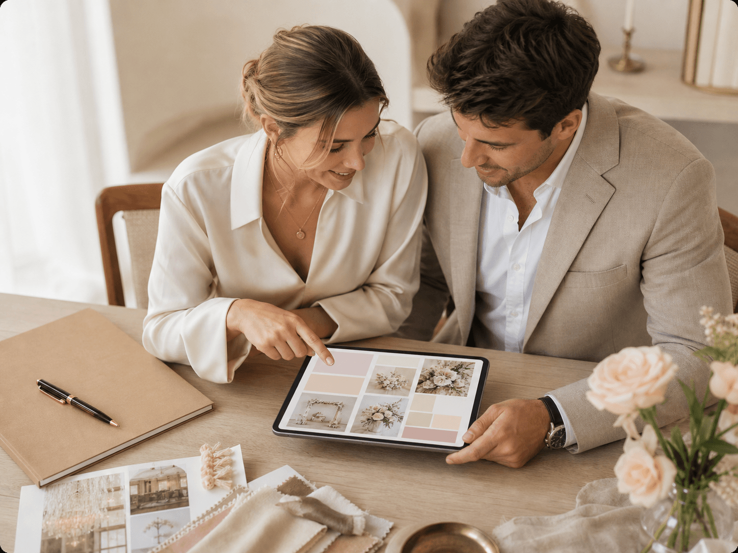 An engaged couple reviewing wedding details together