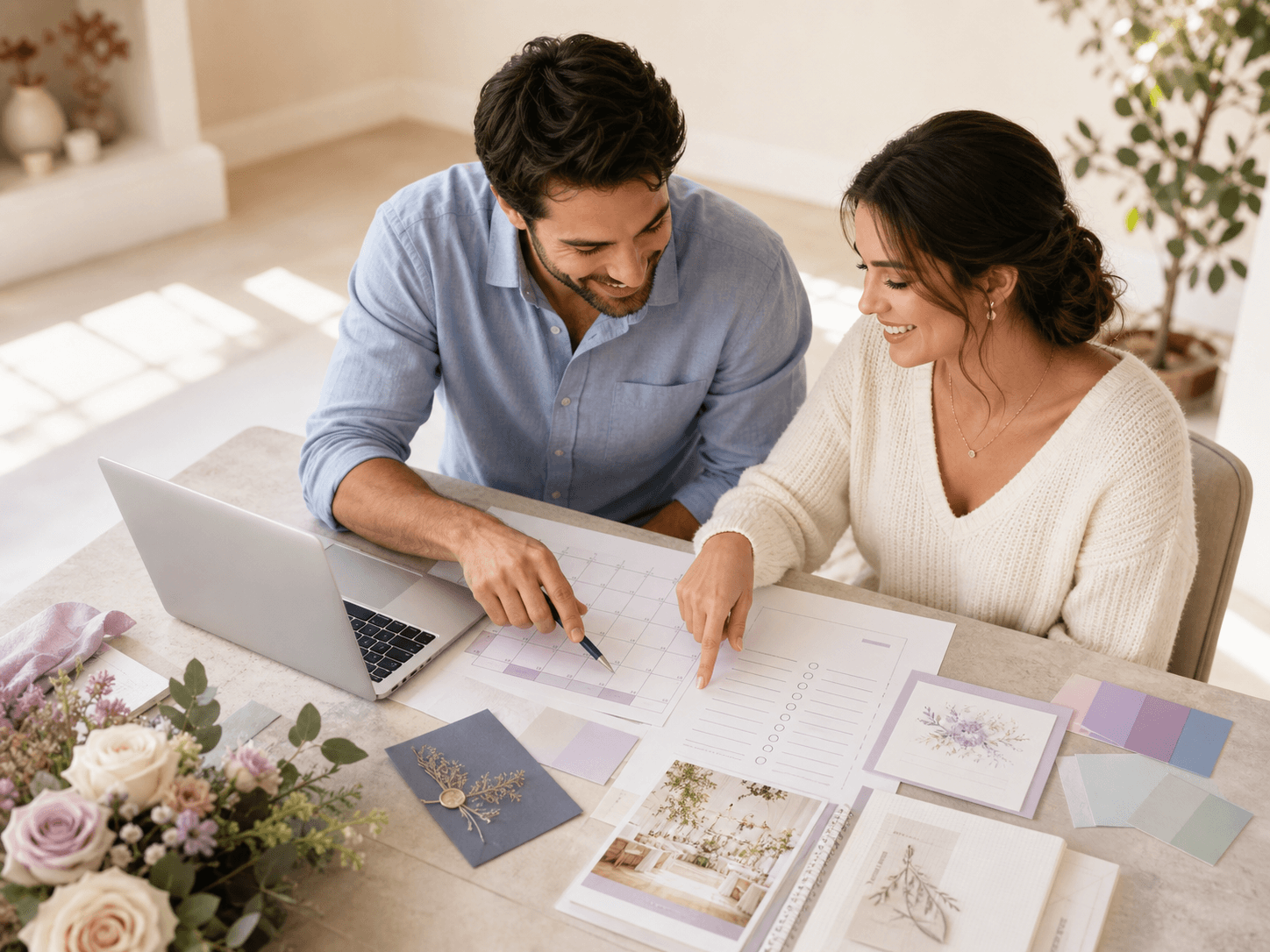 A couple organizing their wedding plan at a shared table